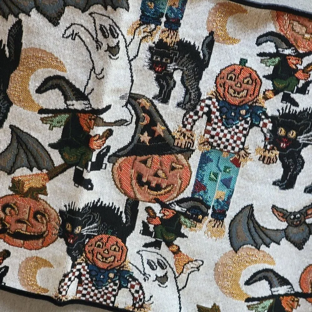 Vtg Halloween-Themed Tapestry Table Runner With Black Tassel Ends - Picture 9 of 11